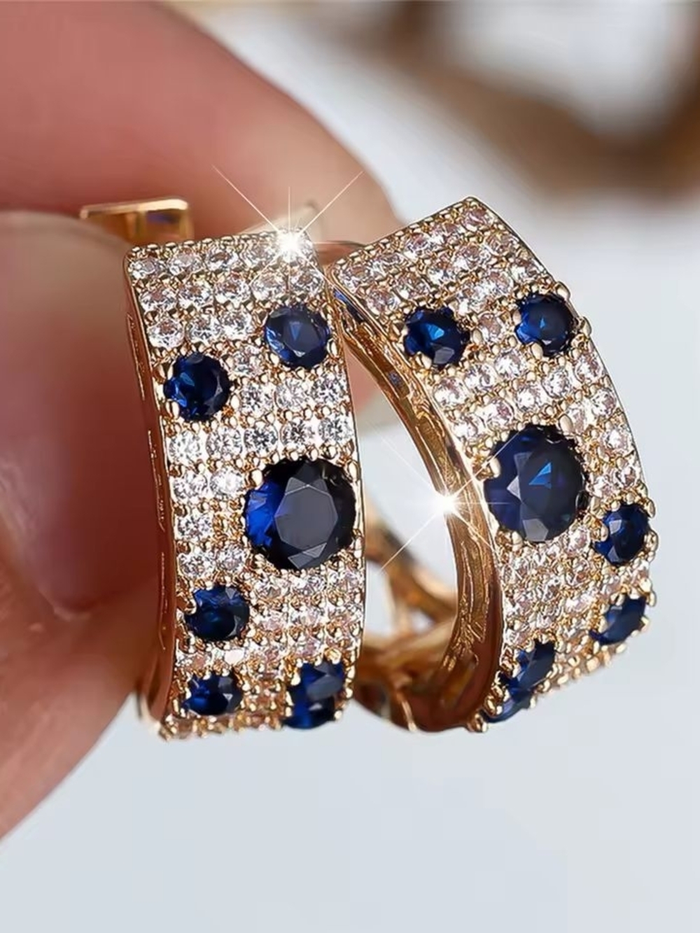 Gold Hoop Earrings with Sapphire Blue Crystals - Picture 4 of 4